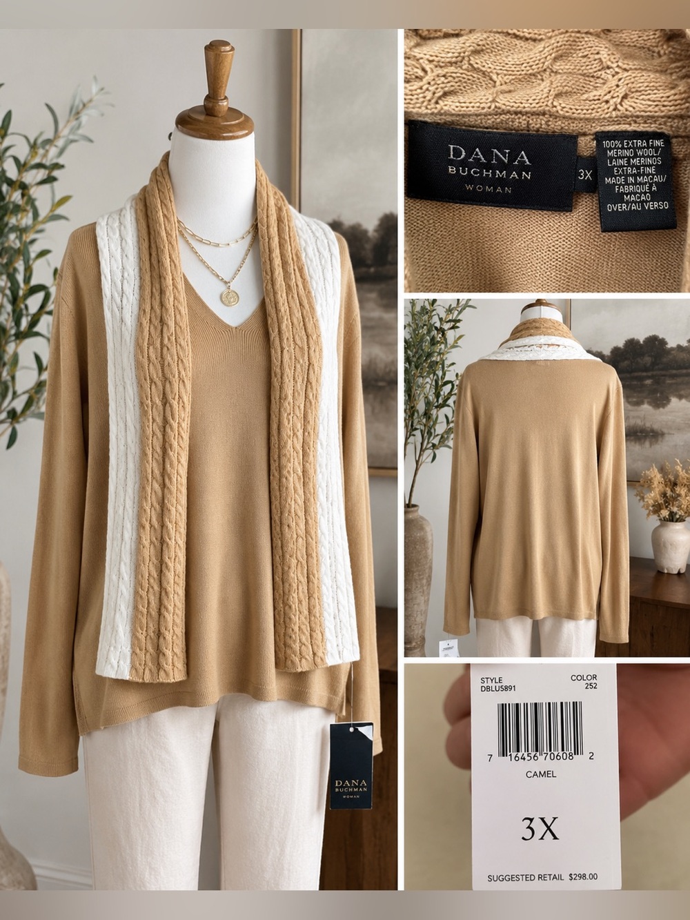 Dana Buchman 100% Merino Wool Camel Sweater Scarf Set 3X NWT Quiet Luxury